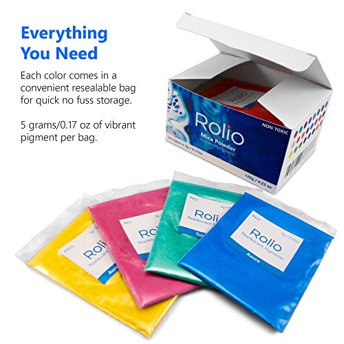 Rolio - Mica Powder - 24 Bags of Pearlescent Color Pigment for Paint, Dye, Soap Making, Nail Polish, Epoxy Resin, Candle Making, Bath Bombs, Slime