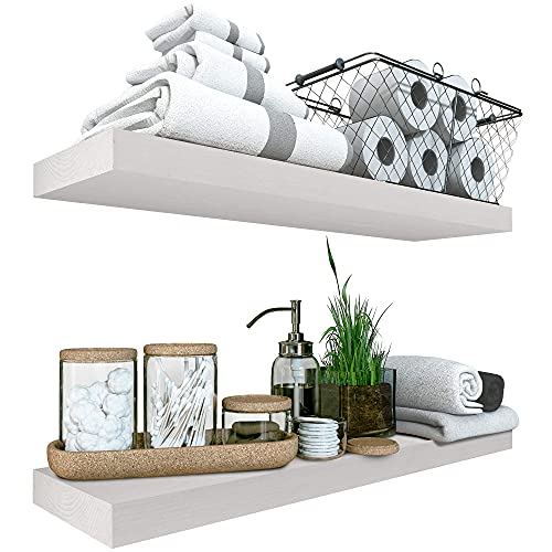 Wood Floating Shelves Set of 2 - Rustic Floating Shelf 24 inch - Made in Europe - Wide Wooden Wall Shelves for Living Room Bedroom Kitchen Bathroom Farmhouse and More - White Color - 24" x 6.7"