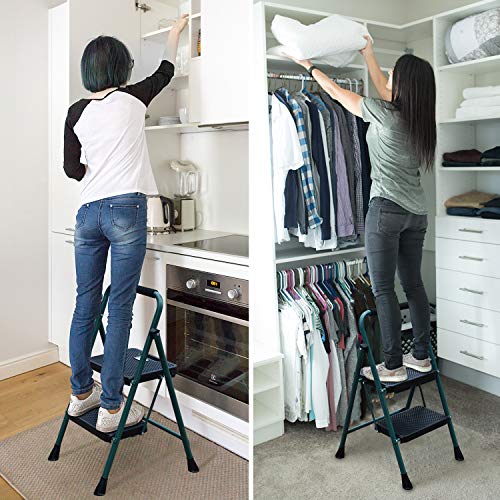 HBTower 2 Step Ladder, Folding Step Stool with Wide Anti-Slip Pedal, Sturdy Steel Ladder, Convenient Handgrip, Lightweight 500lbs Portable Steel Step Stool, Green and Black