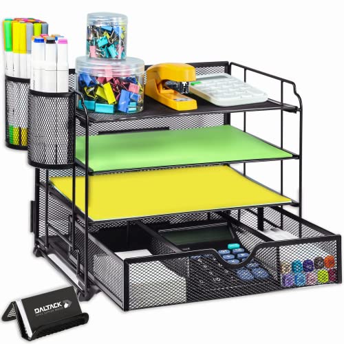 DALTACK 4-Trays Desktop File Organizer with Pen Holder,Letter Tray Paper Organizer with Drawer and Pen Holders, Black Mesh Office Supplies File Holder,Desk Organizer for Office School Home
