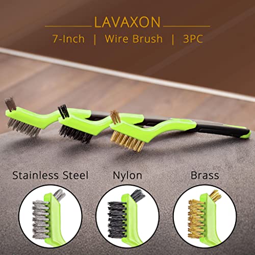 Lavaxon Wire Brush Set 3Pcs - Nylon/Brass/Stainless Steel Bristles with Curved Handle Grip for Rust, Dirt & Paint Scrubbing with Deep Cleaning – 7 Inches (Green)