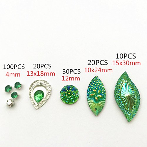 succi shan 180PCS Mixed Shapes Stunning Green Gems Sew On Rhinestones Faceted Flatback Crystal Jewelry for DIY Crafts Decoration
