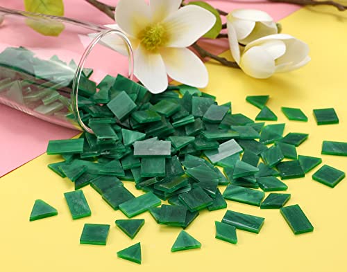 Multi-Color Options, Lanyani 200 Pieces Glass Mosaic Tiles for Crafts,4 Shapes Mixed Colorful Glass Tiles Tiffany Stained Glass Pieces for Mosaic,Pine Green