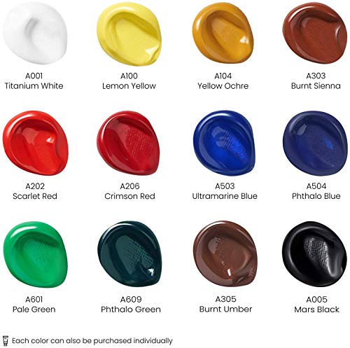 Arteza Acrylic Paint, Set of 12 Colors/Tubes (0.74 oz, 22 ml) with Storage Box, Rich Pigments, Non Fading, Non Toxic Paints for Artist & Hobby Painters, Art Supplies for Canvas Painting