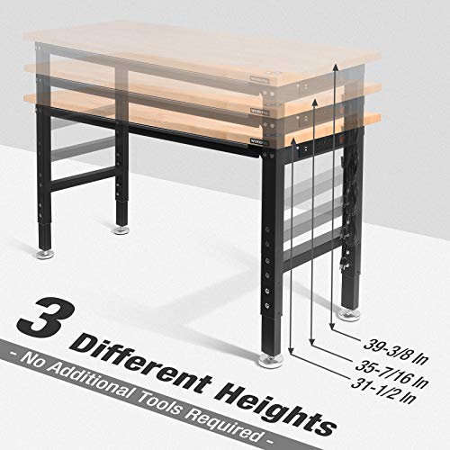 WORKPRO 60" Adjustable Workbench, Rubber Wood Top Heavy-Duty Workstation, 2000 LBS Load Capacity Hardwood Worktable with Power Outlets, for Workshop, Garage, Office, Home