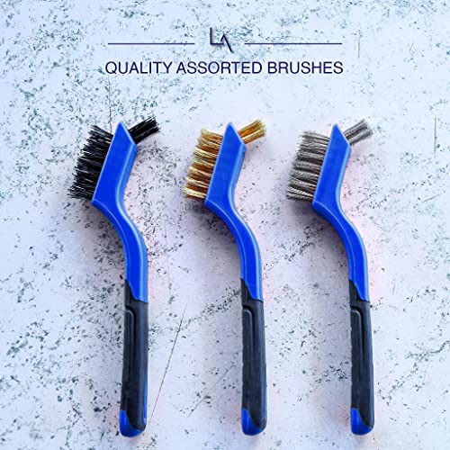 Lavaxon Wire Brush Set 3Pcs - Nylon/Brass/Stainless Steel Bristles with Curved Handle Grip for Rust, Dirt & Paint Scrubbing with Deep Cleaning – 7 Inches (Blue)