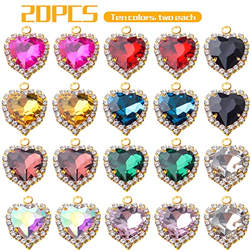 Aylifu 20pcs Cubic Zirconia Alloy Charms Heart Shaped Rhinestone Pendants Crystal Beads Pendant Charms for DIY Jewelry Making Bracelet Necklace Earring Accessories,10 Colors