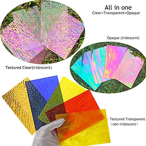 Lanyani 12 Sheets Iridescent Stained Glass Sheets, Cathedral Art Glass Packs for Mosaic Work Craft, Assorted Clear+Opaque+Colored Transparent