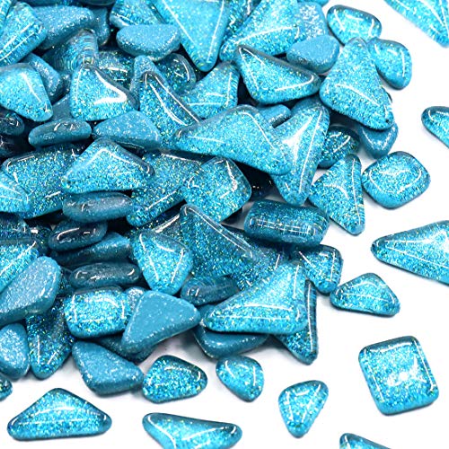 Swpeet 1 Pound Peacock Green Shine Crystal Series Mosaic Tiles Assortment Kit, Square and Triangle Genuine Mosaic Tiles Glitter Crystal Mosaic Perfect for Home Decoration Crafts