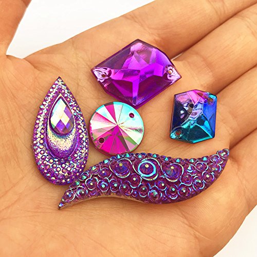 50PCS Special Effect Different Shapes Mirror AB Gems Sew On Rhinestones Faceted for Handicrafts Clothing Dress Decorations (Purple)
