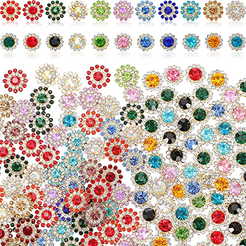 200 Pieces Flatback Rhinestones 12 mm 14 mm Flower Shape Claw Cup Sew on Rhinestone Buttons Crystal Glass Flower Multicolor Jeweled Buttons for Crafts Clothes Jewelry Making(0.6inch)