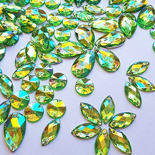 150pcs Drop Horse Eye Round Mix Shape AB Color Clear Sew On Acrylic Rhinestones Flatback Stones Sewing for Clothing Wedding Dress Decorations (Green)