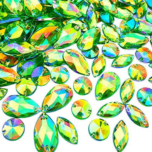 150pcs Drop Horse Eye Round Mix Shape AB Color Clear Sew On Acrylic Rhinestones Flatback Stones Sewing for Clothing Wedding Dress Decorations (Green)