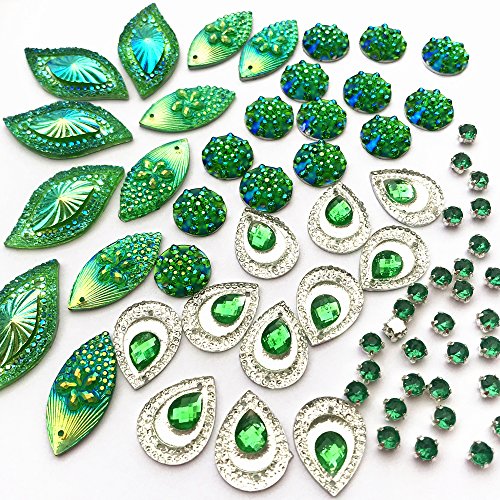succi shan 180PCS Mixed Shapes Stunning Green Gems Sew On Rhinestones Faceted Flatback Crystal Jewelry for DIY Crafts Decoration