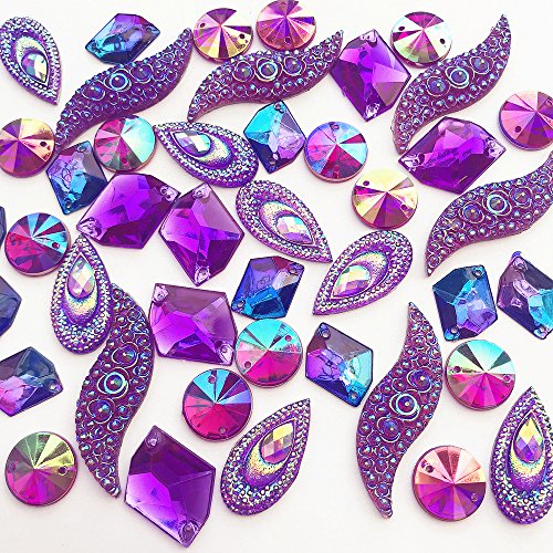 50PCS Special Effect Different Shapes Mirror AB Gems Sew On Rhinestones Faceted for Handicrafts Clothing Dress Decorations (Purple)