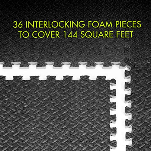 ProsourceFit Puzzle Exercise Mat ½”, EVA Foam Interlocking Tiles Protective Flooring for Gym Equipment and Cushion for Workouts, Black 144 Square Feet 36 Tiles
