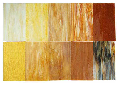 Lanyani（10 Sheets）Amber Variety Stained Glass Sheets 4 x 6 inch Opal Art Glass Pack Tiffany Glass, Mixed Textures