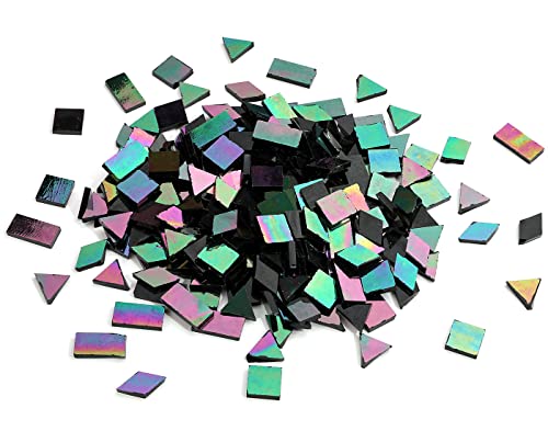 Lanyani Glass Mosaic Tiles for Art Crafts,4 Shapes Mixed Tiffany Stained Glass Pieces,200 Pieces,Square/Rectangle/Diamond/Triangle,Iridescent Black