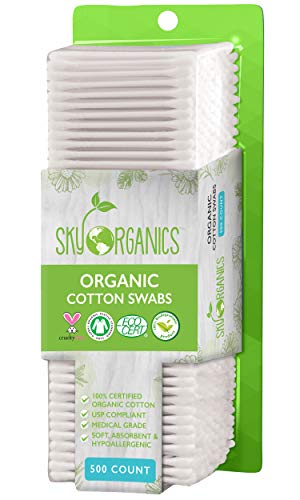 Sky Organics Organnic Cotton Swabs for Sensitive Skin, 100% Pure GOTS Certified Organic for Beauty & Personal Care, 500 ct.