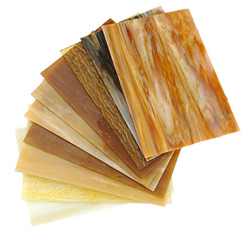Lanyani（10 Sheets）Amber Variety Stained Glass Sheets 4 x 6 inch Opal Art Glass Pack Tiffany Glass, Mixed Textures