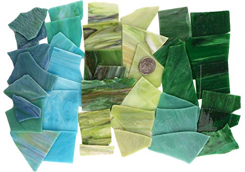 Lanyani Green Mixed Stained Glass Scrap Pieces Sheets, Glass Mosaic Tiles for Art Crafts, 35oz Value Pack,Assorted Colors and Textures