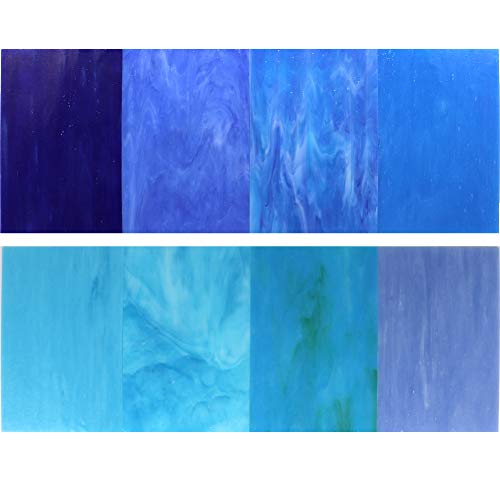 LITMIND 8 Sheets Blue Stained Glass Variety Pack, 4 x 6 inch Mosaic Tiles Glass for Crafts, Art Glass Pack, Mixed Colors Glass and Textures (Shades of Blue)