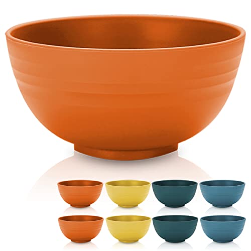 Kyraton Plastic Cereal Bowls 8 Pieces 26 oz, Unbreakable And Reusable Light Weight Bowl For Rice Noodle Soup Snack Salad Fruit BPA Free Dishwasher Safe (Orange)