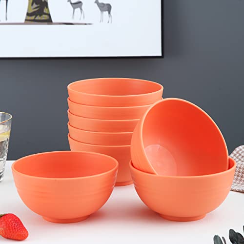 Kyraton Plastic Cereal Bowls 8 Pieces 26 oz, Unbreakable And Reusable Light Weight Bowl For Rice Noodle Soup Snack Salad Fruit BPA Free Dishwasher Safe (Orange)