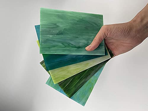 Unicoshape 12 Sheets Stained Glass Sheets Pack, 6" X 4" Cathedral Glass, Art Glass, Mosaic Glass Tiles for Crafts, (Mixed Green)