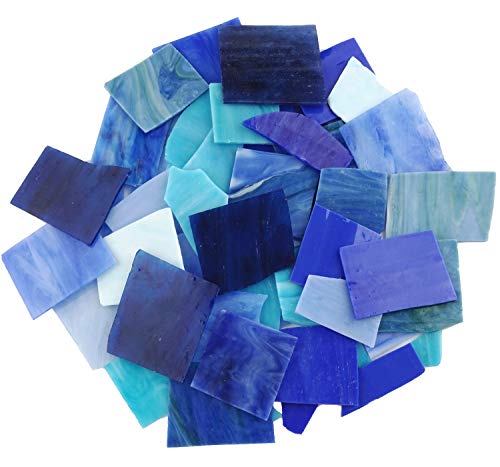 Lanyani Blue Mixed Stained Glass Scrap Pieces Sheets, Glass Mosaic Tiles for Crafts, 35oz Value Pack,Assorted Colors and Textures