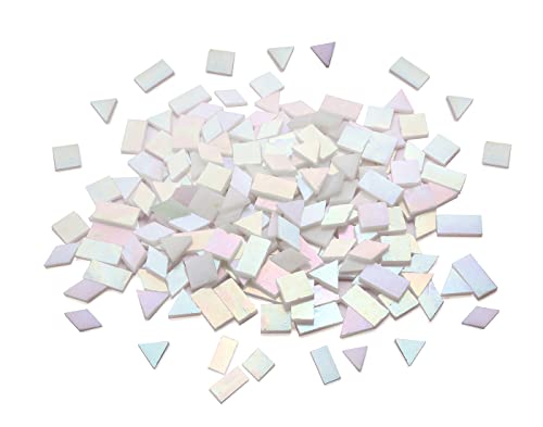 Lanyani Glass Mosaic Tiles for Art Crafts,4 Shapes Mixed Tiffany Stained Glass Pieces,200 Pieces,Square/Rectangle/Diamond/Triangle,Iridescent White