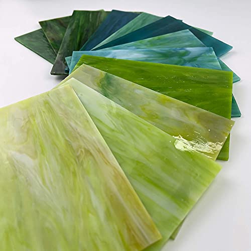 Unicoshape 12 Sheets Stained Glass Sheets Pack, 6" X 4" Cathedral Glass, Art Glass, Mosaic Glass Tiles for Crafts, (Mixed Green)