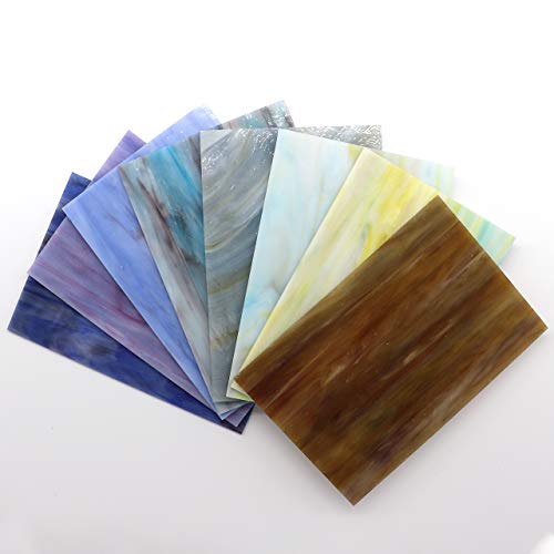 LITMIND 8 Sheets Stained Glass Variety Pack, 4 x 6 inch Mosaic Glass and Art Glass Pack for Crafts, Mixed Colors and Patterns (Blue & Green)