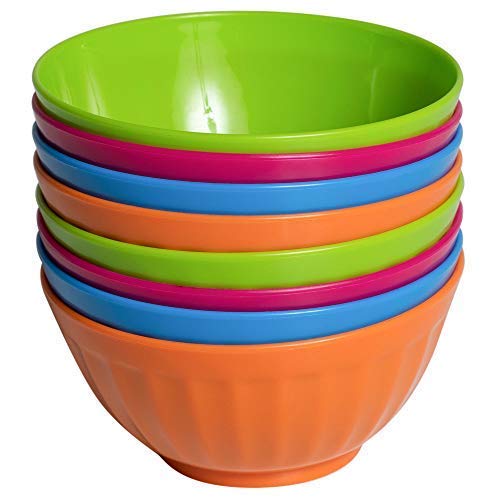 Klickpick Home 6 Inch Plastic Bowls Set of 8 - 28 ounce Large Plastic Cereal Bowls Microwave Dishwasher Safe Soup Bowls - BPA Free Bowls 4 Bright Colors (2 of Each Color)