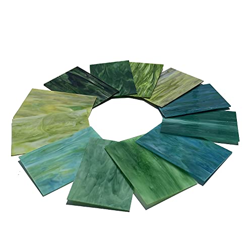 Unicoshape 12 Sheets Stained Glass Sheets Pack, 6" X 4" Cathedral Glass, Art Glass, Mosaic Glass Tiles for Crafts, (Mixed Green)