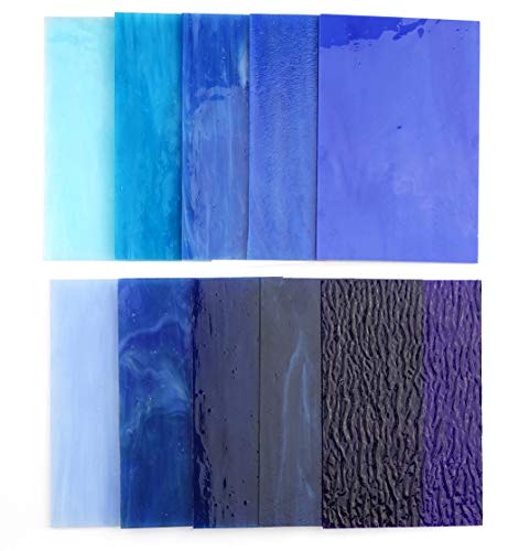 Lanyani（10 Sheets）Blue Variety Stained Glass Sheets 4 x 6 inch Opal Art Glass Pack Tiffany Glass, Mixed Textures