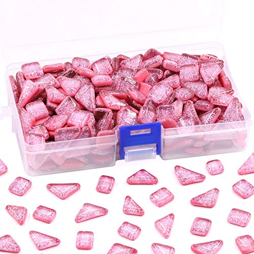 Swpeet 1 Pound Pink Shine Crystal Series Mosaic Tiles Assortment Kit, Square and Triangle Genuine Mosaic Tiles Glitter Crystal Mosaic Perfect for Home Decoration Crafts