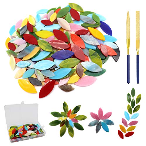 LITMIND 120 Pieces Mosaic Tiles, Precut Stained Glass Petal Leaves for Crafts, Mosaic Making Supplies Ceramic Tiles - Include 2Pcs Diamond Needle File Set