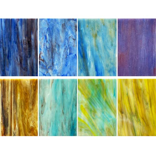 LITMIND 8 Sheets Stained Glass Variety Pack, 4 x 6 inch Mosaic Glass and Art Glass Pack for Crafts, Mixed Colors and Patterns (Blue & Green)