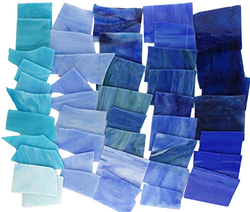 Lanyani Blue Mixed Stained Glass Scrap Pieces Sheets, Glass Mosaic Tiles for Crafts, 35oz Value Pack,Assorted Colors and Textures