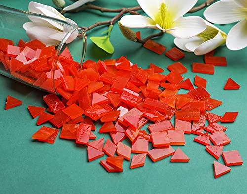 Lanyani Glass Mosaic Tiles for Art Crafts,4 Shapes Mixed Tiffany Stained Glass Pieces,200 Pieces (Orange-Red)