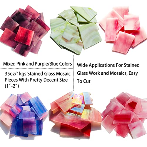 PALJOLLY Pink and Purple Glass Mosaic Tiles Stained Glass Sheets Pieces for Crafts, Stained Glass Supplies Kit for Mosaic Making, 35oz/1kgs Value Pack Pink+Purple