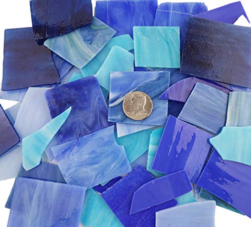 Lanyani Blue Mixed Stained Glass Scrap Pieces Sheets, Glass Mosaic Tiles for Crafts, 35oz Value Pack,Assorted Colors and Textures