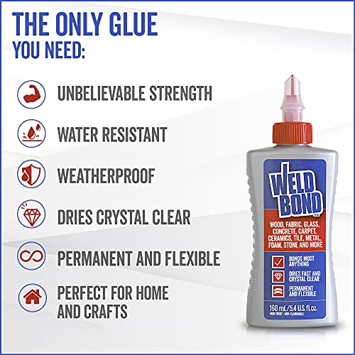 Weldbond Multi-Surface, Non-Toxic Adhesive Glue, Bonds Most Anything. Wood Glue or for Crafts Fabric Glass Mosaic Carpet Ceramic Tile Metal Stone & More. Dries Crystal Clear 5.4oz /160ml - 2 Pack