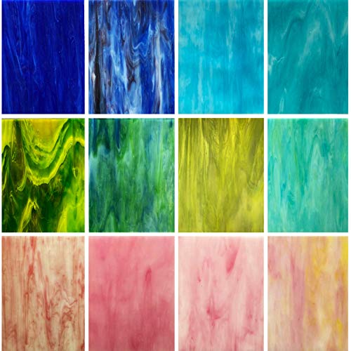 LITMIND 12 Sheets Variety Stained Glass Sheets Pack, 4 x 6 inch Mosaic Glass Tiles for Crafts, Art Glass Pack, Assorted Colors and Patterns(Opaque/Smooth) Pink + Blue + Green