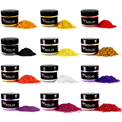 Rolio - Mica Powder - 12 Jars of Pearlescent Color Pigment for Paint, Dye, Soap Making, Nail Polish, Epoxy Resin, Candle Making, Bath Bombs, Slime - Tropical Sunset