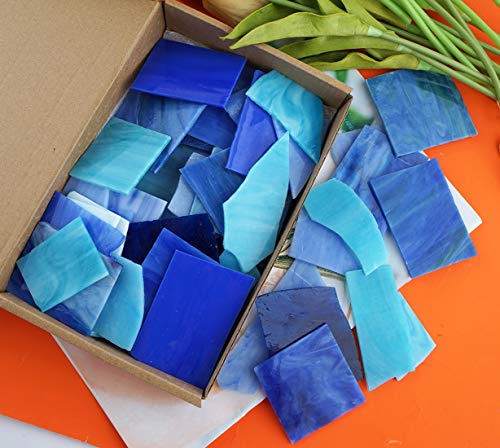 Lanyani Blue Mixed Stained Glass Scrap Pieces Sheets, Glass Mosaic Tiles for Crafts, 35oz Value Pack,Assorted Colors and Textures