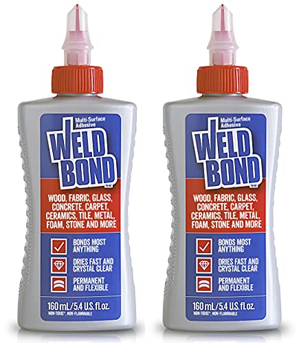 Weldbond Multi-Surface, Non-Toxic Adhesive Glue, Bonds Most Anything. Wood Glue or for Crafts Fabric Glass Mosaic Carpet Ceramic Tile Metal Stone & More. Dries Crystal Clear 5.4oz /160ml - 2 Pack