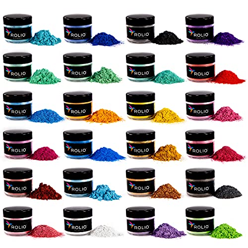 Rolio - Mica Powder - 24 Jars of Pigment for Paint, Dye, Soap Making, Nail Polish, Epoxy Resin, Candle Making, Bath Bombs, Slime