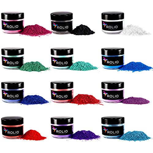 Rolio - Mica Powder - 12 Jars of Pearlescent Color Pigment for Paint, Dye, Soap Making, Nail Polish, Epoxy Resin, Candle Making, Bath Bombs, Slime - Northern Lights